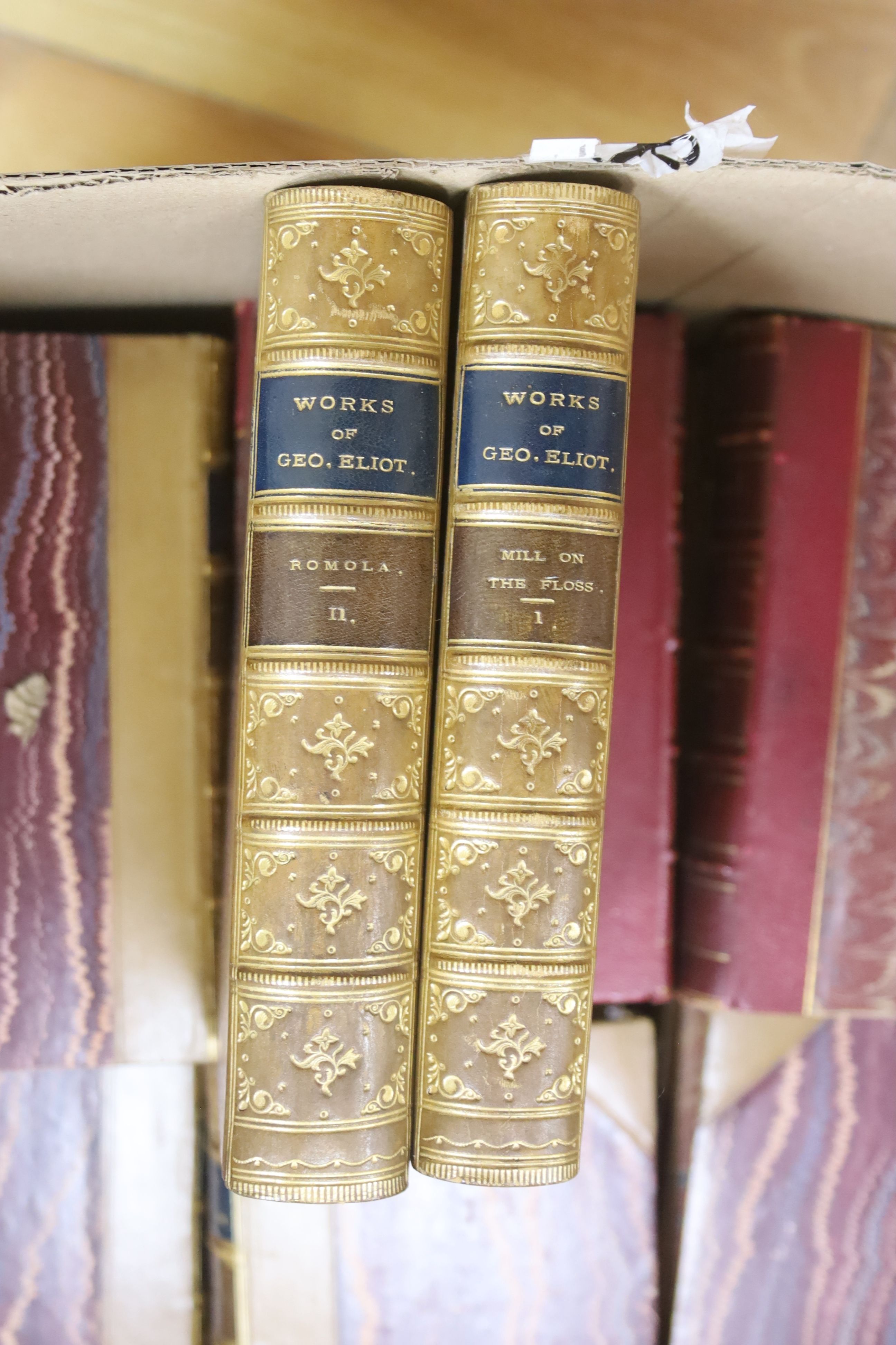 The Works of George Eliot, Cabinet Edition, Blackwood and Sons, 18 vols, gilt-tooled tan half calf and marbled boards, 8vo and a quantity of leather-bound and other literary works